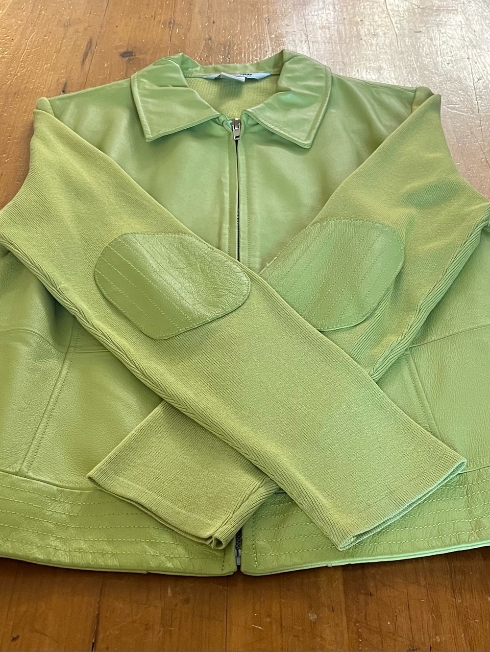 Nygard Collection Leather, Silk, and Cotton Pistachio Green Elbow Patches Jacket